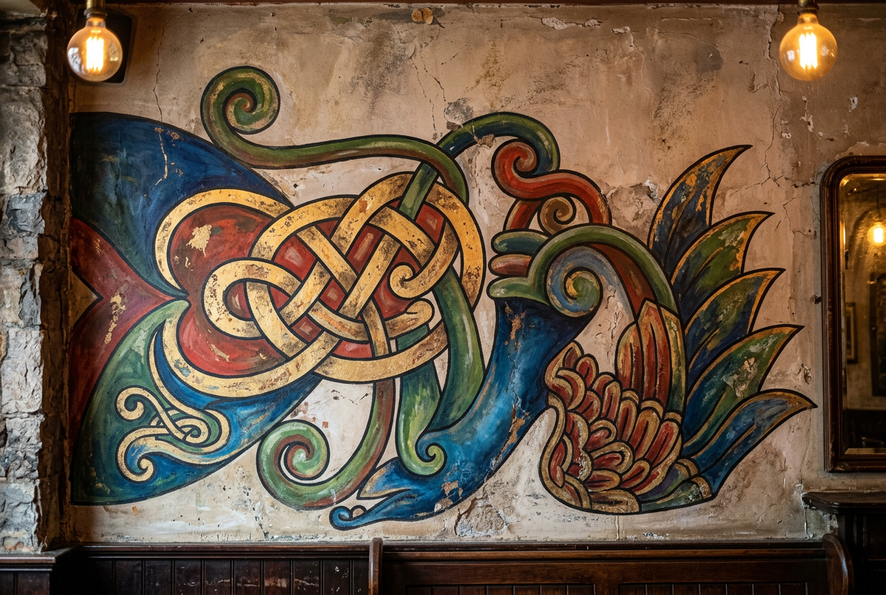 Artist’s impression: the Whelan’s Celtic serpent design painted as a Book of Kells–style mural on a pub wall